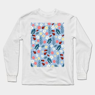 Spring meadow in bloom with ladybirds on sky blue background Long Sleeve T-Shirt